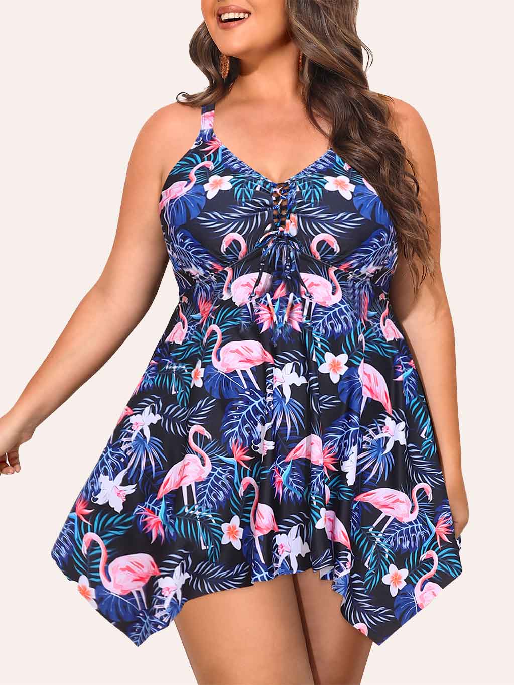 Nieyook Plus Size 2 Piece Swimsuit with Boyshorts Black Flamingo