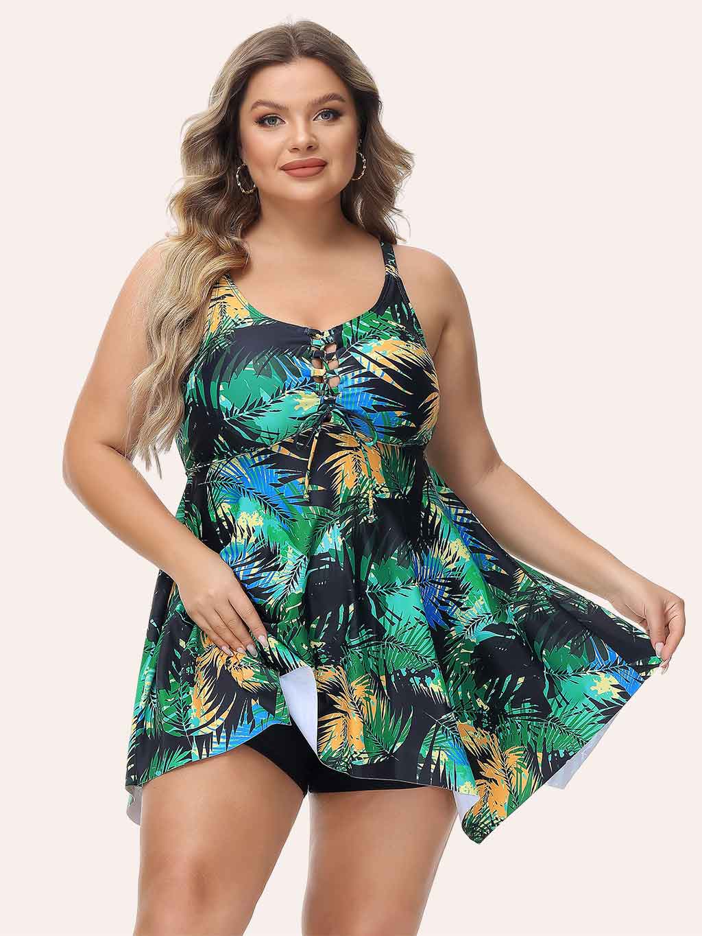 Nieyook Plus Size 2 Piece Tankini Swimsuit with Boyshorts Green Palm Leaf