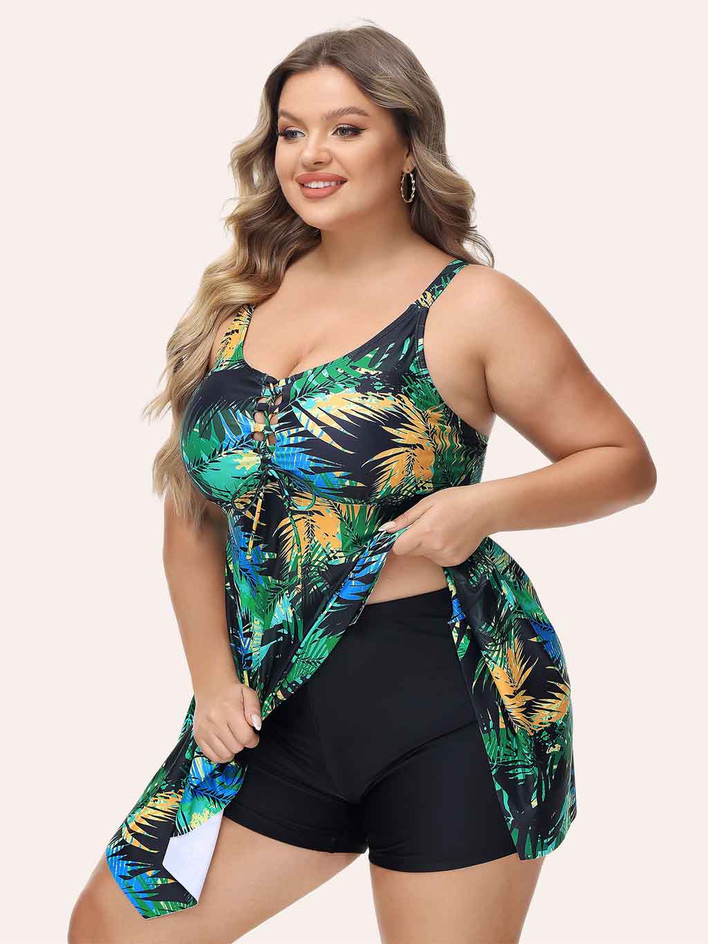 Nieyook Plus Size 2 Piece Tankini Swimsuit with Boyshorts Green Palm Leaf